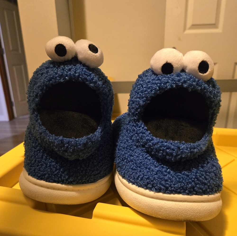 Blue Fuzzy Cookie Monster Slippers